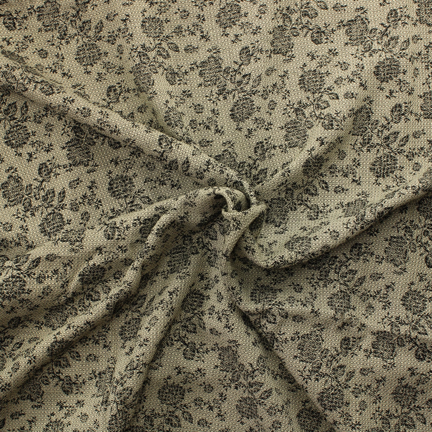 Greige-musta kukkakuvioinen vohvelimainen  Vaatetuskangas - Pala