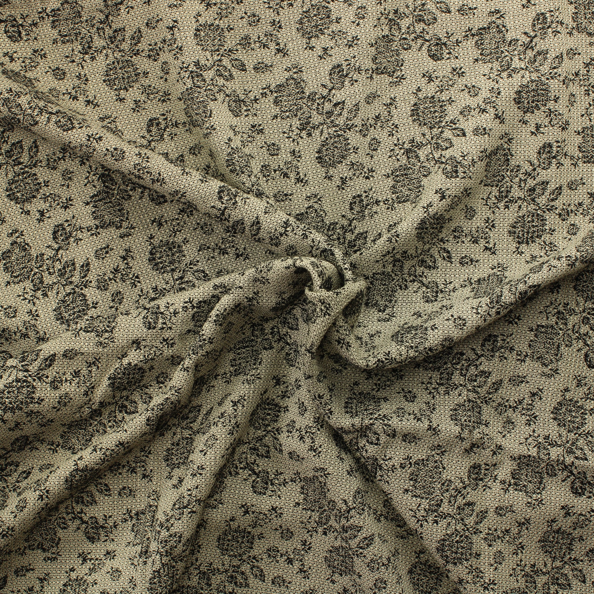 Greige-musta kukkakuvioinen vohvelimainen  Vaatetuskangas - Pala