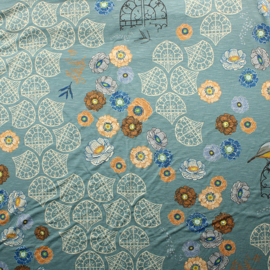 Siniharmaa kukkakuvioinen Trikoo - Pala