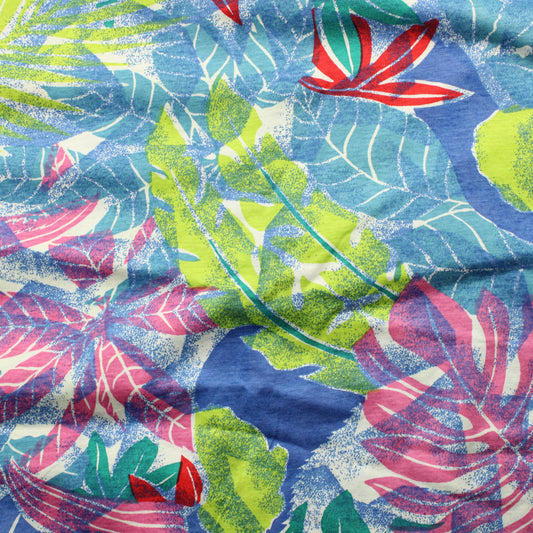 Sinisävyinen Lehtikuvioinen Ohut Trikoo - Pala