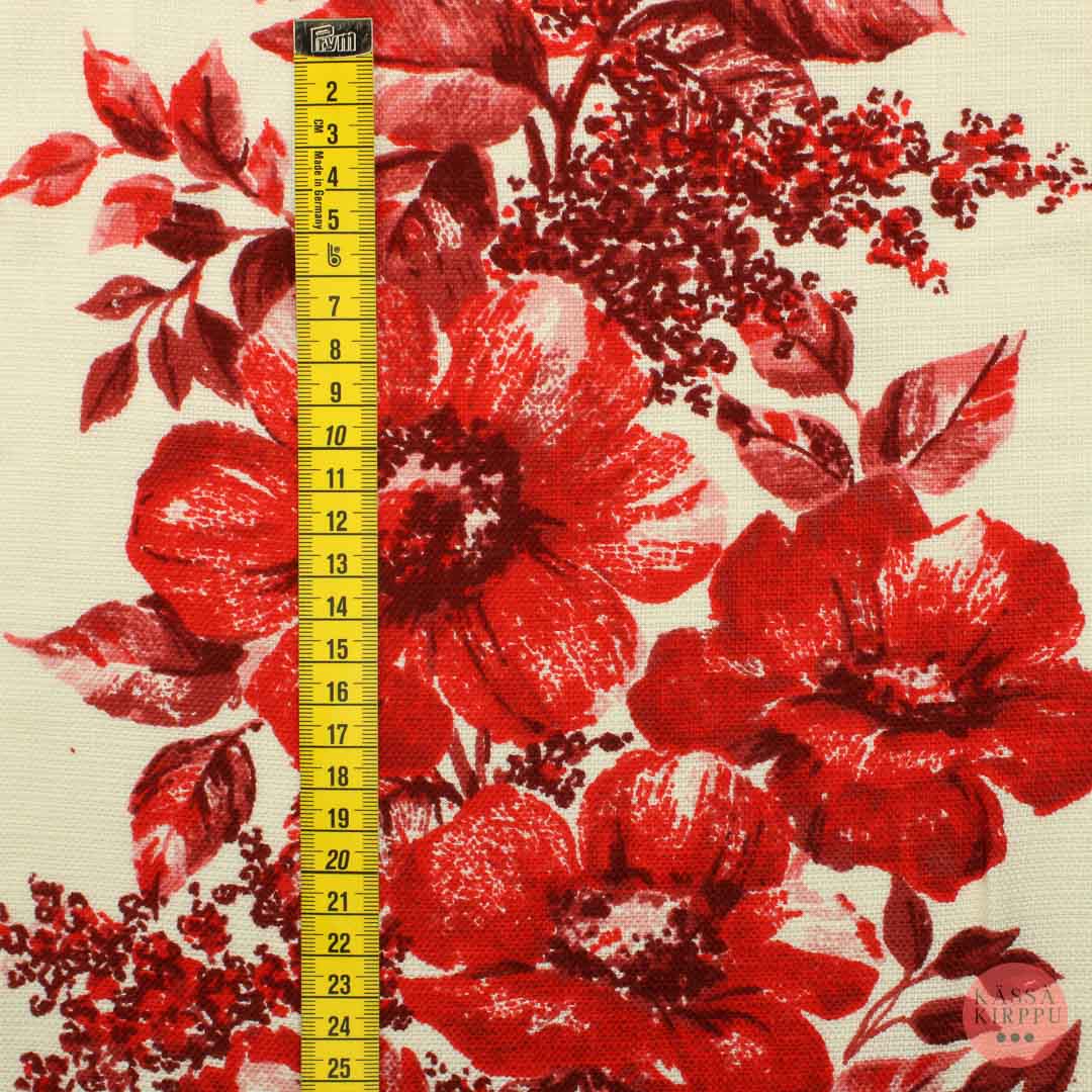 Luonnonvalkoinen punaiset kukat sekoitekangas - Pala