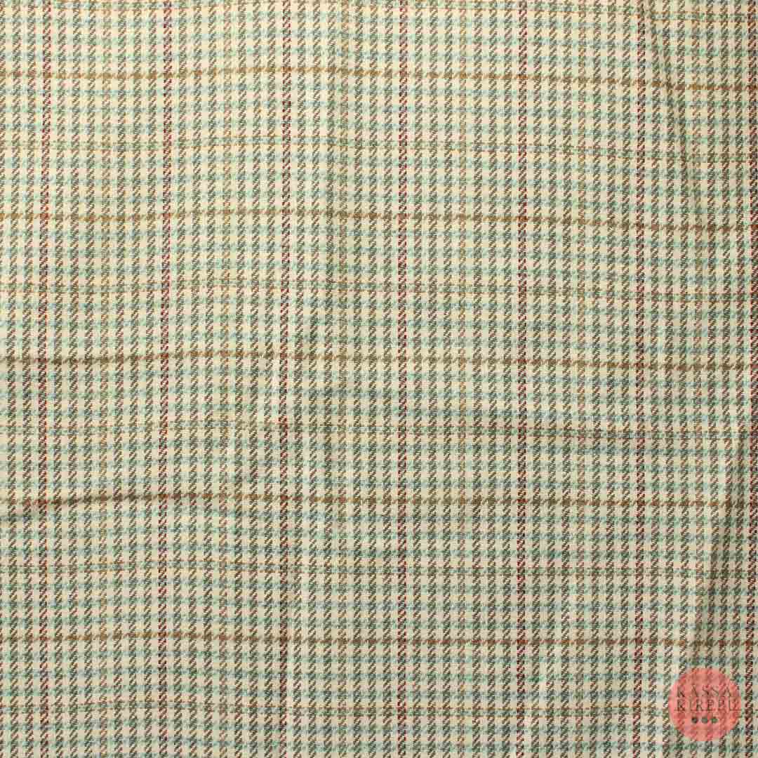 Ruskeaa ja vaaleansinistä raita-ruudullinen Villasekoitekangas - Pala