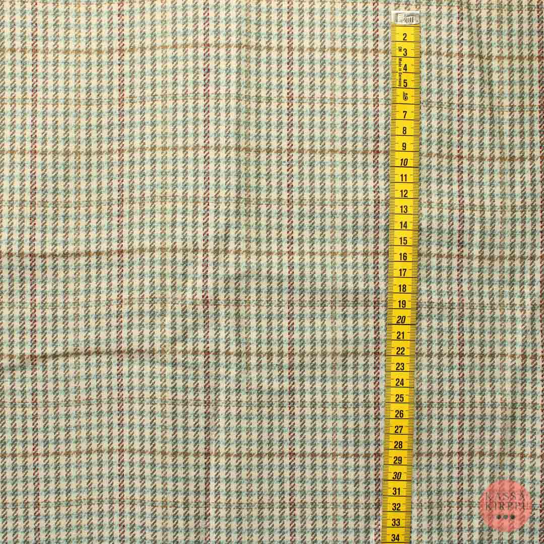 Ruskeaa ja vaaleansinistä raita-ruudullinen Villasekoitekangas - Pala