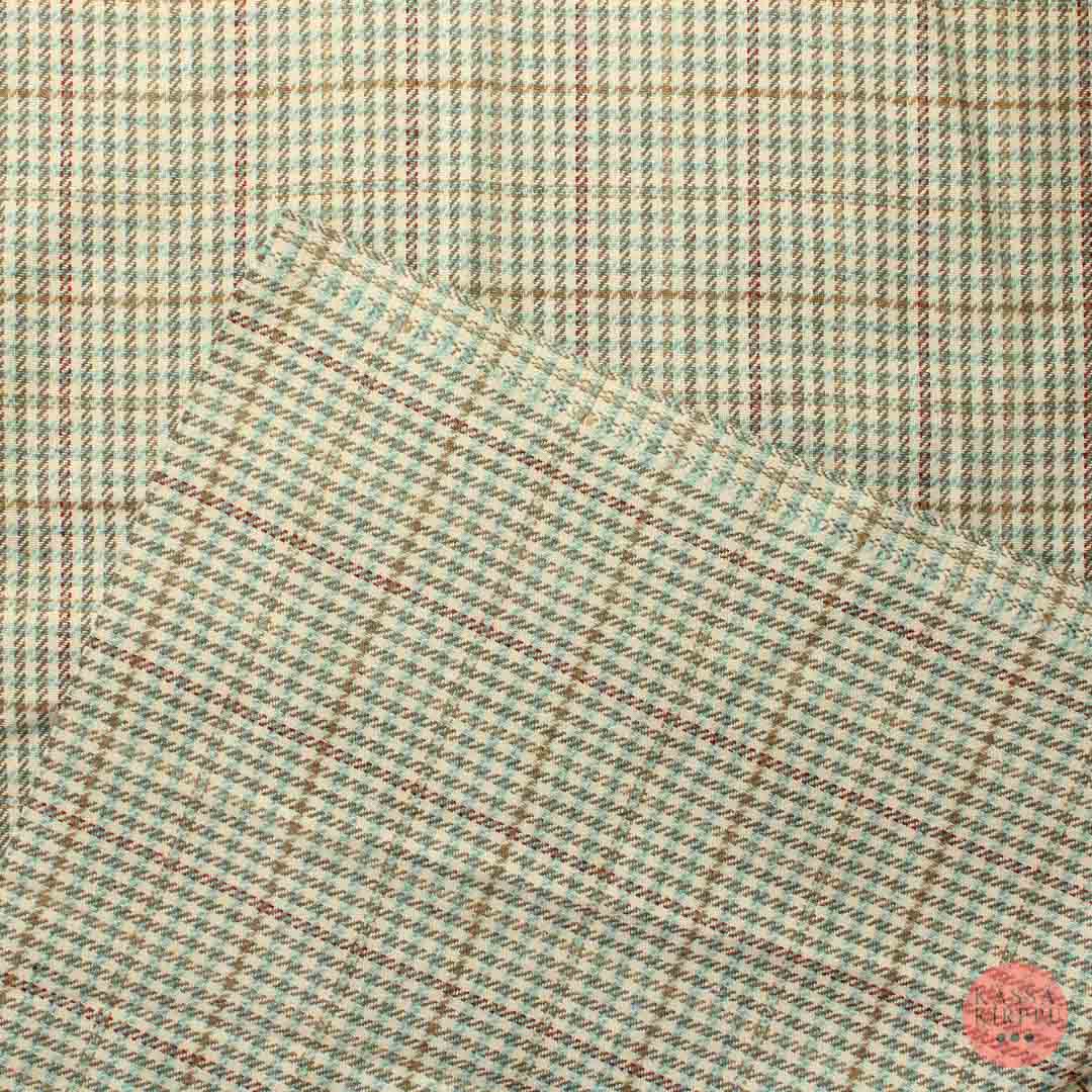 Ruskeaa ja vaaleansinistä raita-ruudullinen Villasekoitekangas - Pala