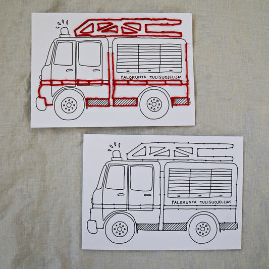 Thimble and Flower - Embroidery card Fire truck