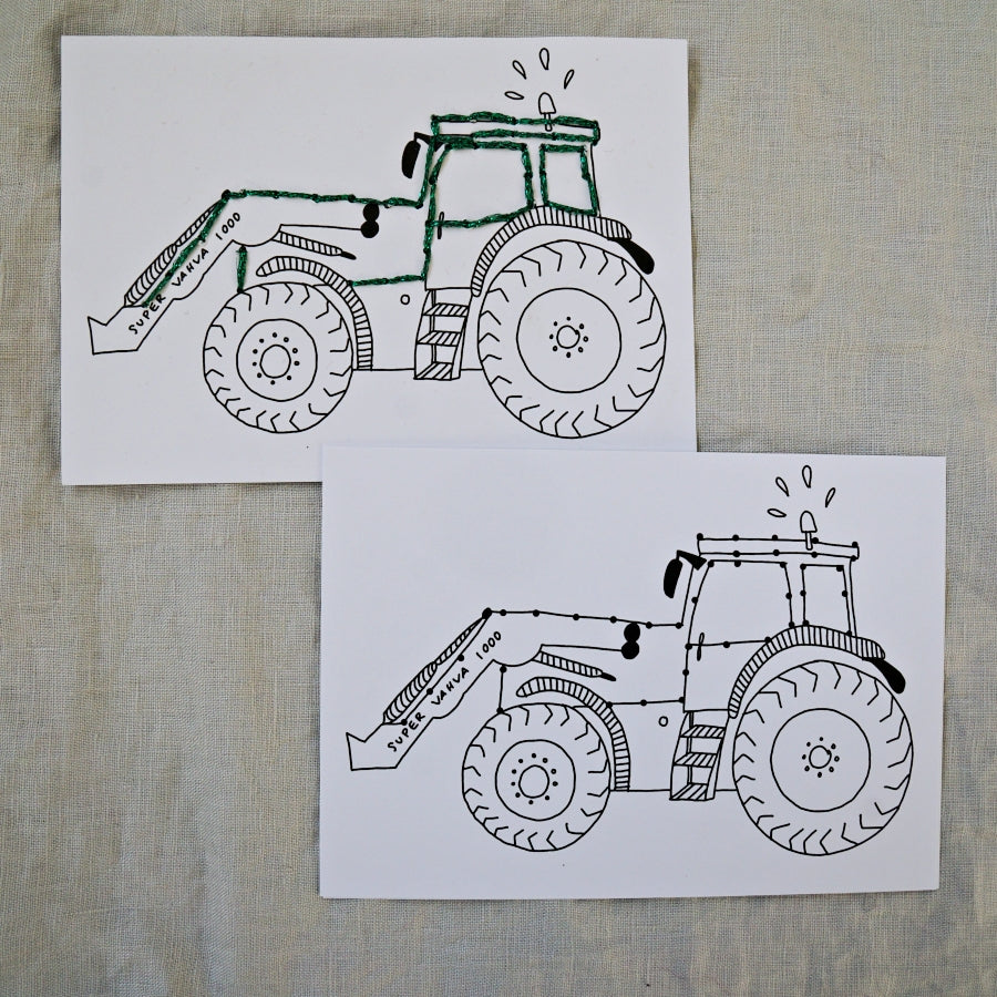 Sormustin ja Kukka - Kirjontakortti Traktori Super Vahva